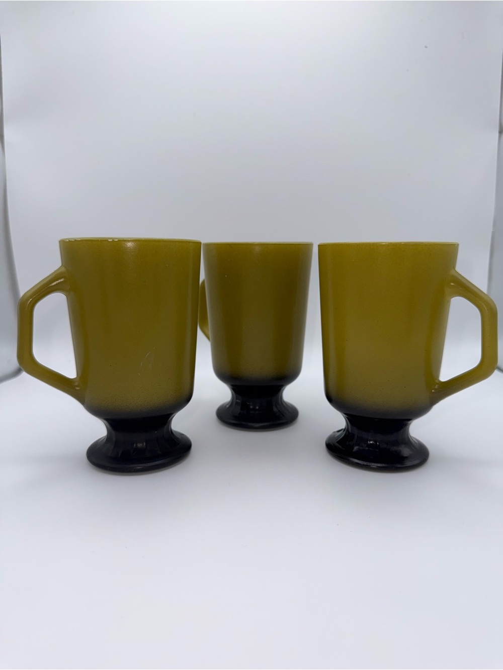 1960s Vintage Fire King Olive Green Pedestal Mugs with Black Bases - Set of 3